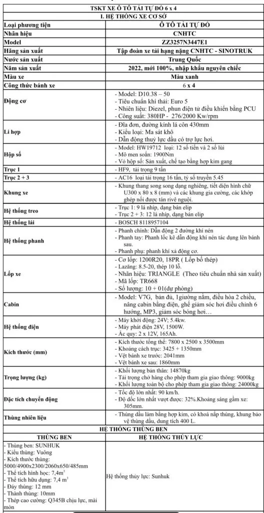 th&ocirc;ng số kỹ thuật xe ben 3 ch&acirc;n